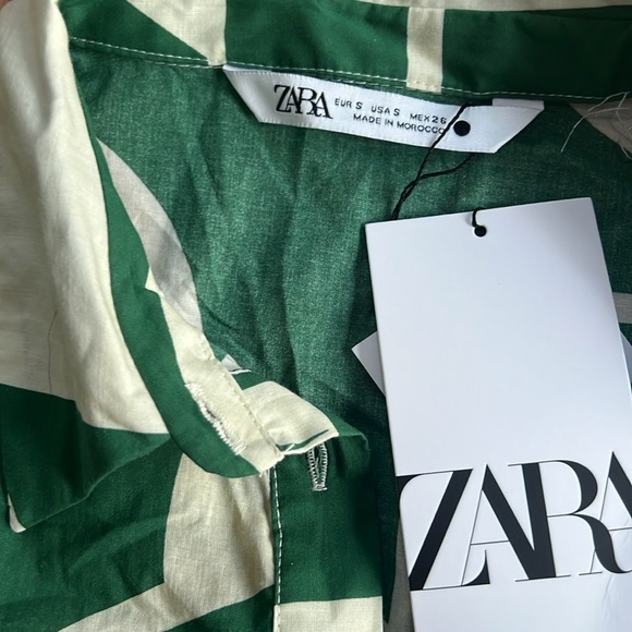 New! Zara small green combo geometric print front button ruffled hem dress. - Picture 10 of 14